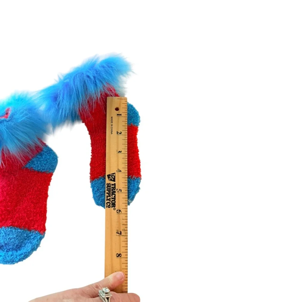 Unbranded Fuzzy Socks Kids Small Red Blue Excellent Faux Fur Trim Dr Seuss Style